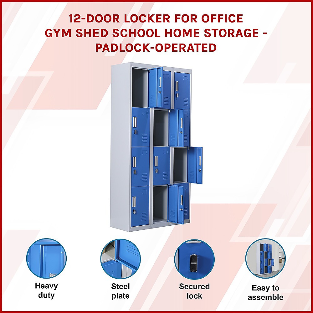 12-Door Locker for Office Gym Shed School Home Storage - Padlock-operated 3