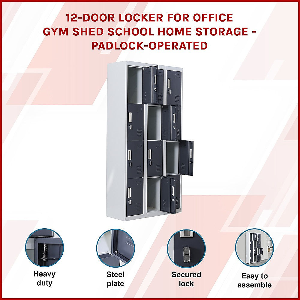 12-Door Locker for Office Gym Shed School Home Storage - Padlock-operated 3