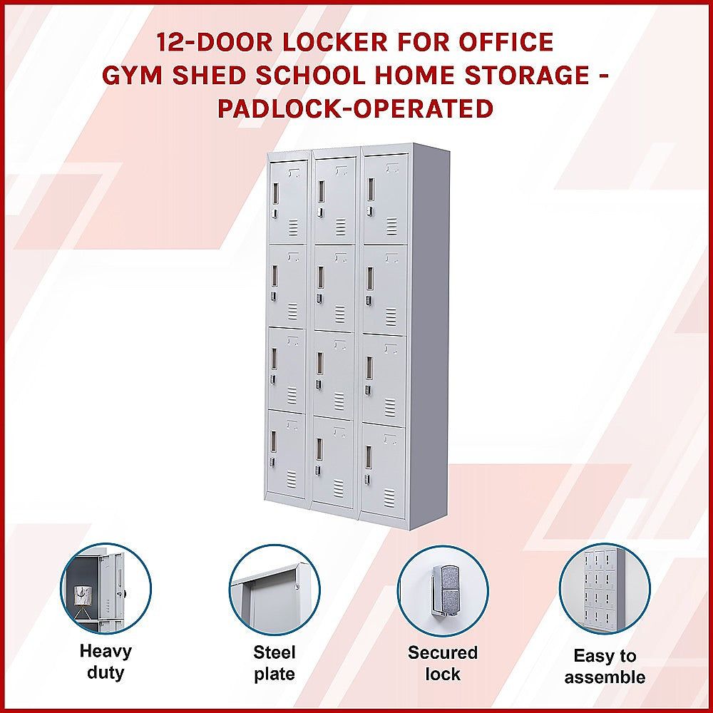 12-Door Locker for Office Gym Shed School Home Storage - Padlock-operated 3