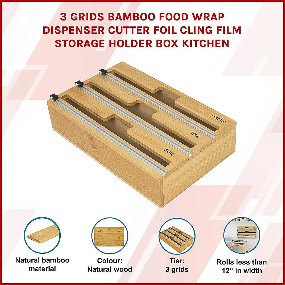 3 Grids Bamboo Food Wrap Dispenser Cutter Foil Cling Film Storage Holder Box Kitchen 3