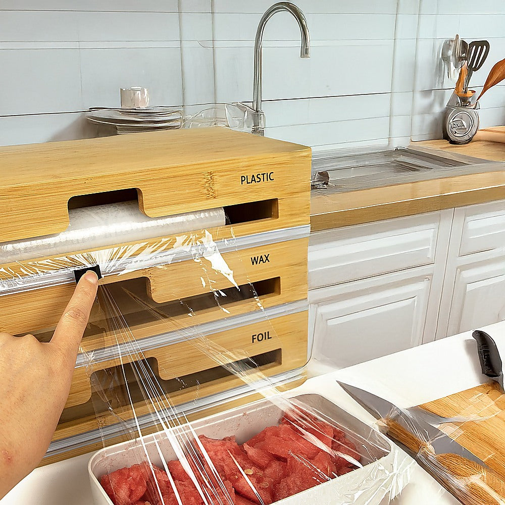 3 Grids Bamboo Food Wrap Dispenser Cutter Foil Cling Film Storage Holder Box Kitchen 6