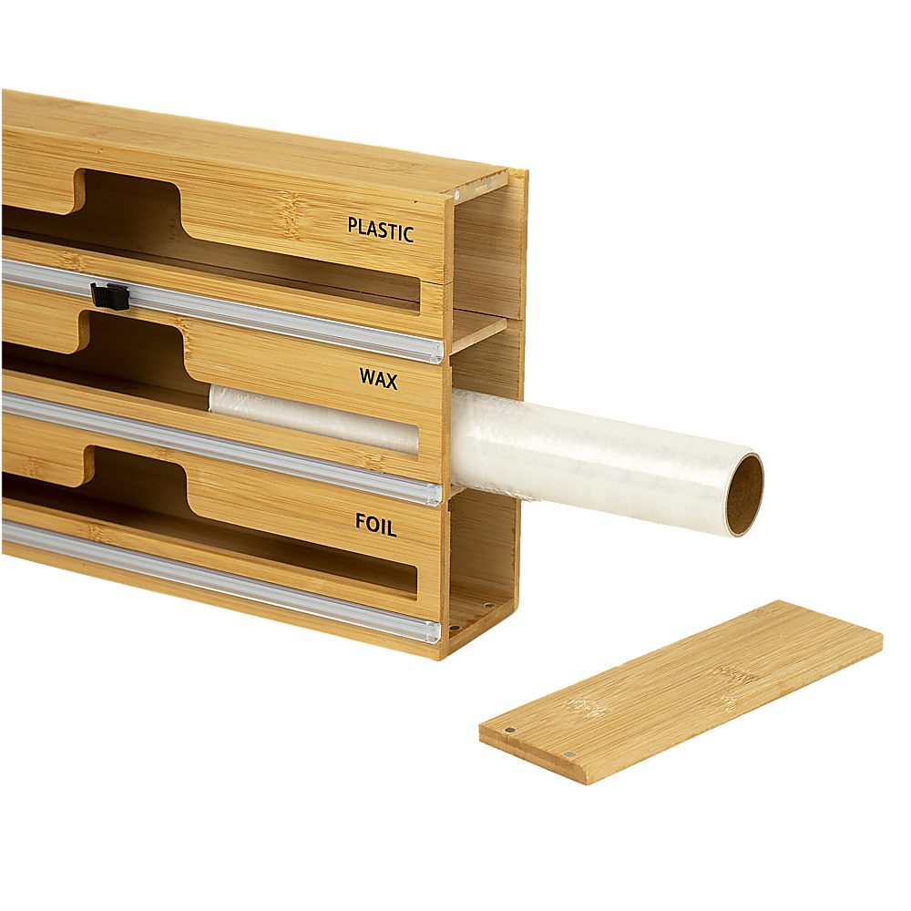 3 Grids Bamboo Food Wrap Dispenser Cutter Foil Cling Film Storage Holder Box Kitchen 7