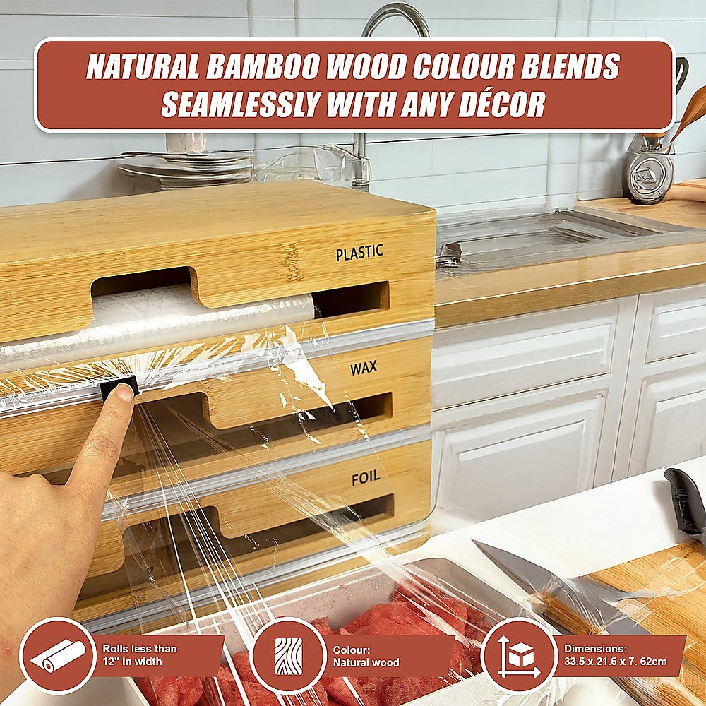 3 Grids Bamboo Food Wrap Dispenser Cutter Foil Cling Film Storage Holder Box Kitchen 9
