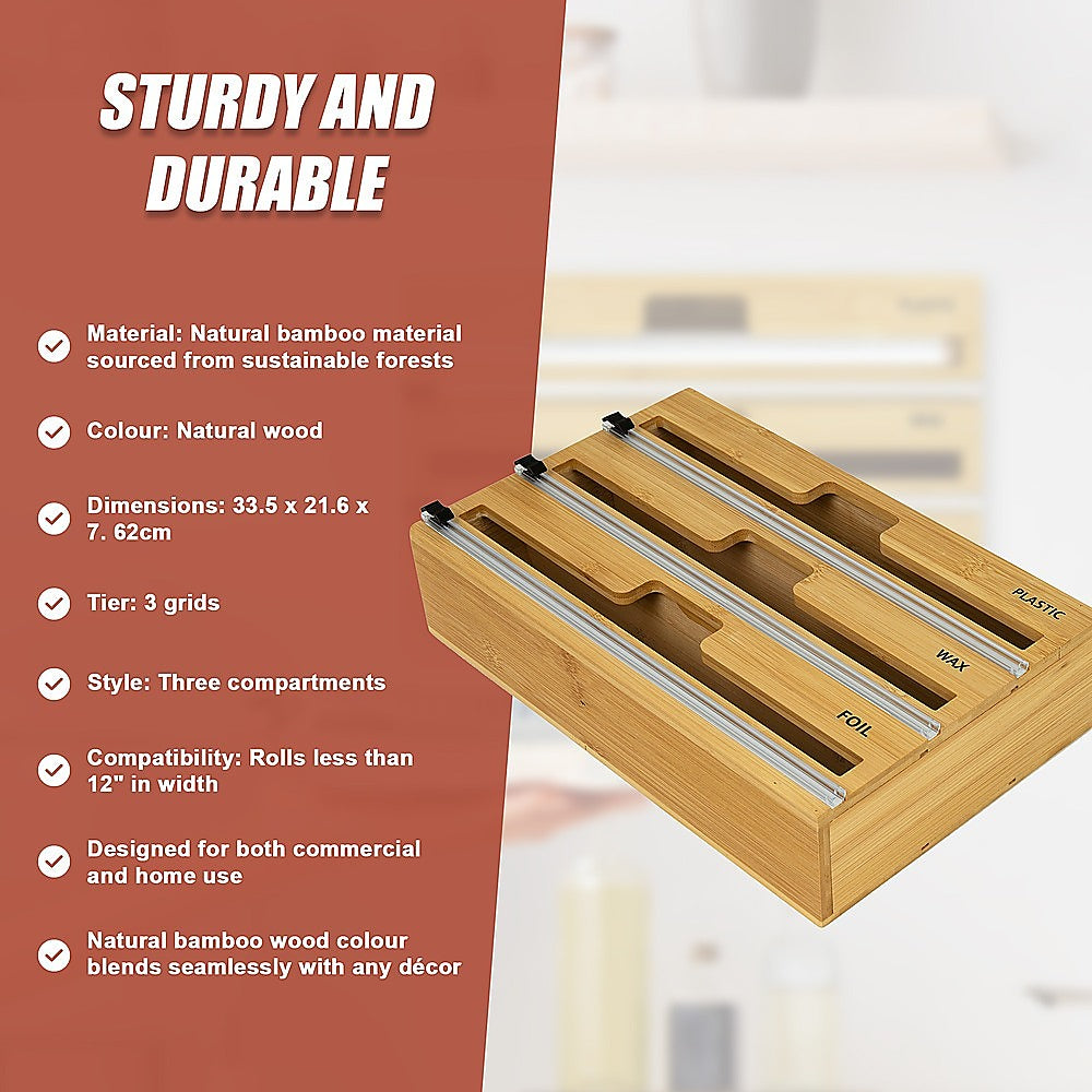 3 Grids Bamboo Food Wrap Dispenser Cutter Foil Cling Film Storage Holder Box Kitchen 10
