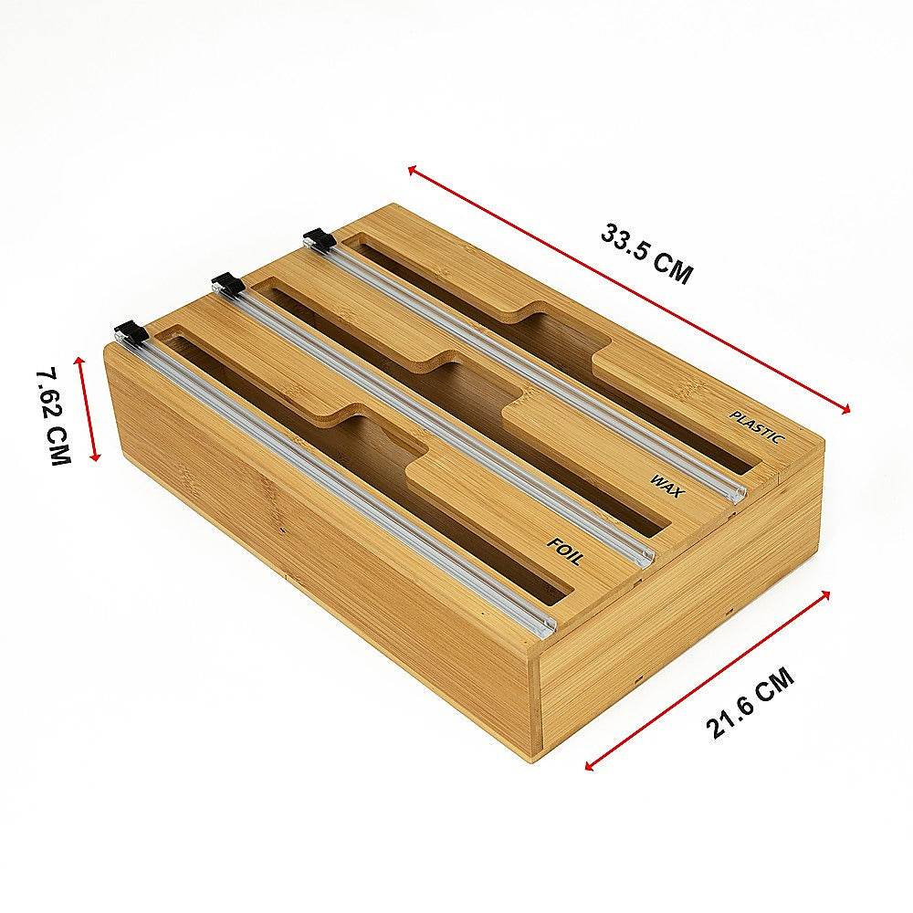 3 Grids Bamboo Food Wrap Dispenser Cutter Foil Cling Film Storage Holder Box Kitchen 12