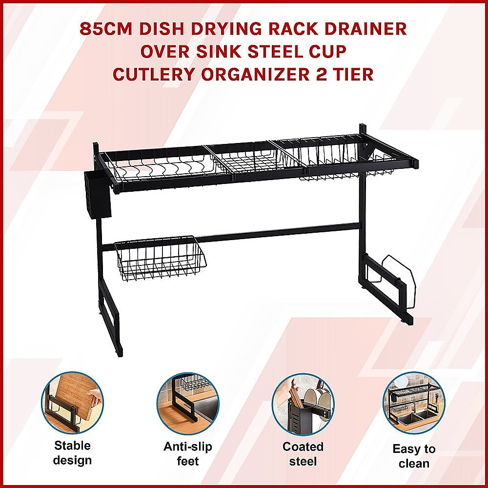 85cm Dish Drying Rack Drainer Over Sink Steel Cup Cutlery Organizer 2 Tier 3