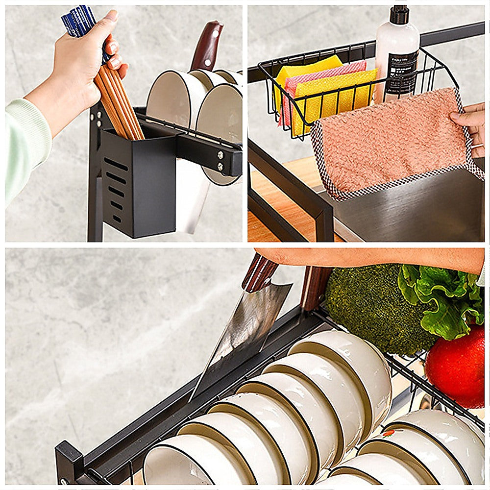 85cm Dish Drying Rack Drainer Over Sink Steel Cup Cutlery Organizer 2 Tier 6