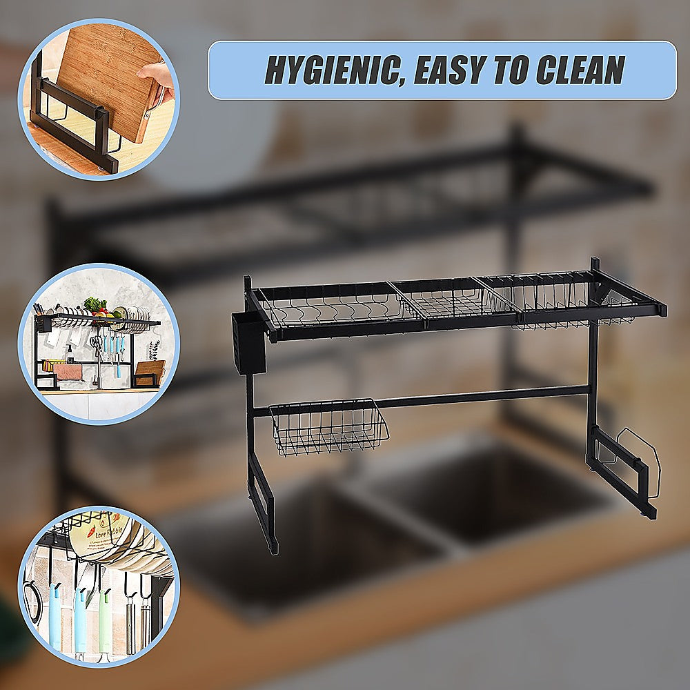 85cm Dish Drying Rack Drainer Over Sink Steel Cup Cutlery Organizer 2 Tier 8
