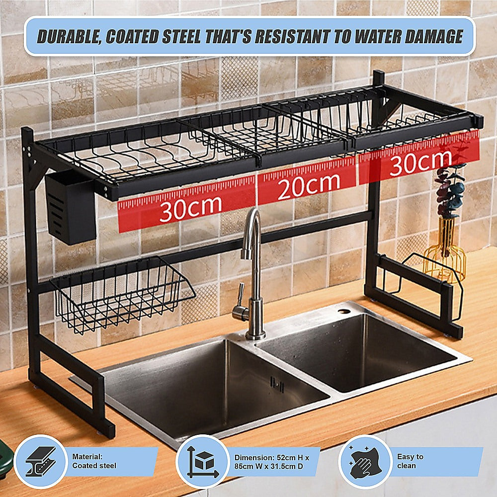 85cm Dish Drying Rack Drainer Over Sink Steel Cup Cutlery Organizer 2 Tier 9