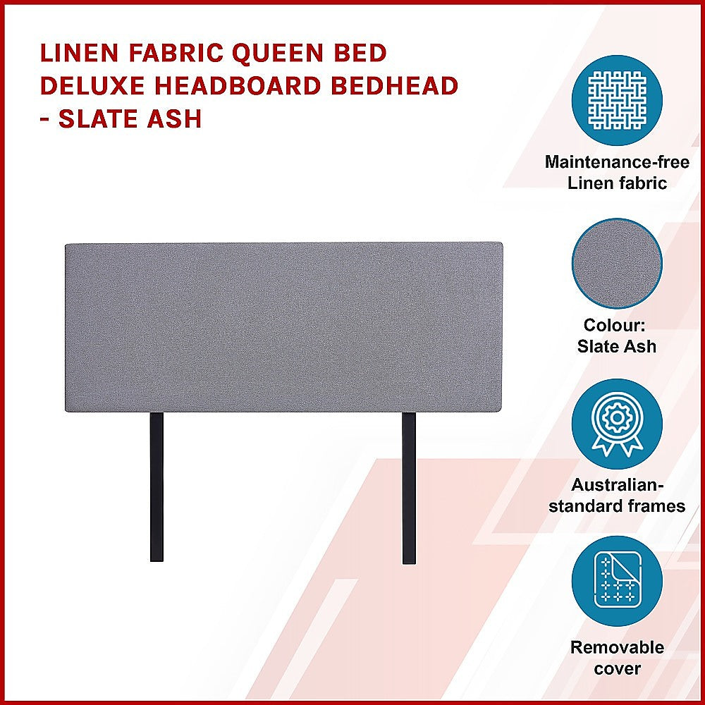 Linen Fabric Queen Bed Deluxe Headboard Bedhead - Slate Ash 3