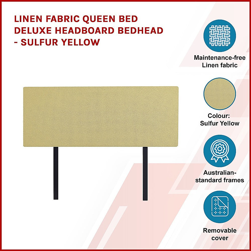 Linen Fabric Queen Bed Deluxe Headboard Bedhead - Sulfur Yellow 3