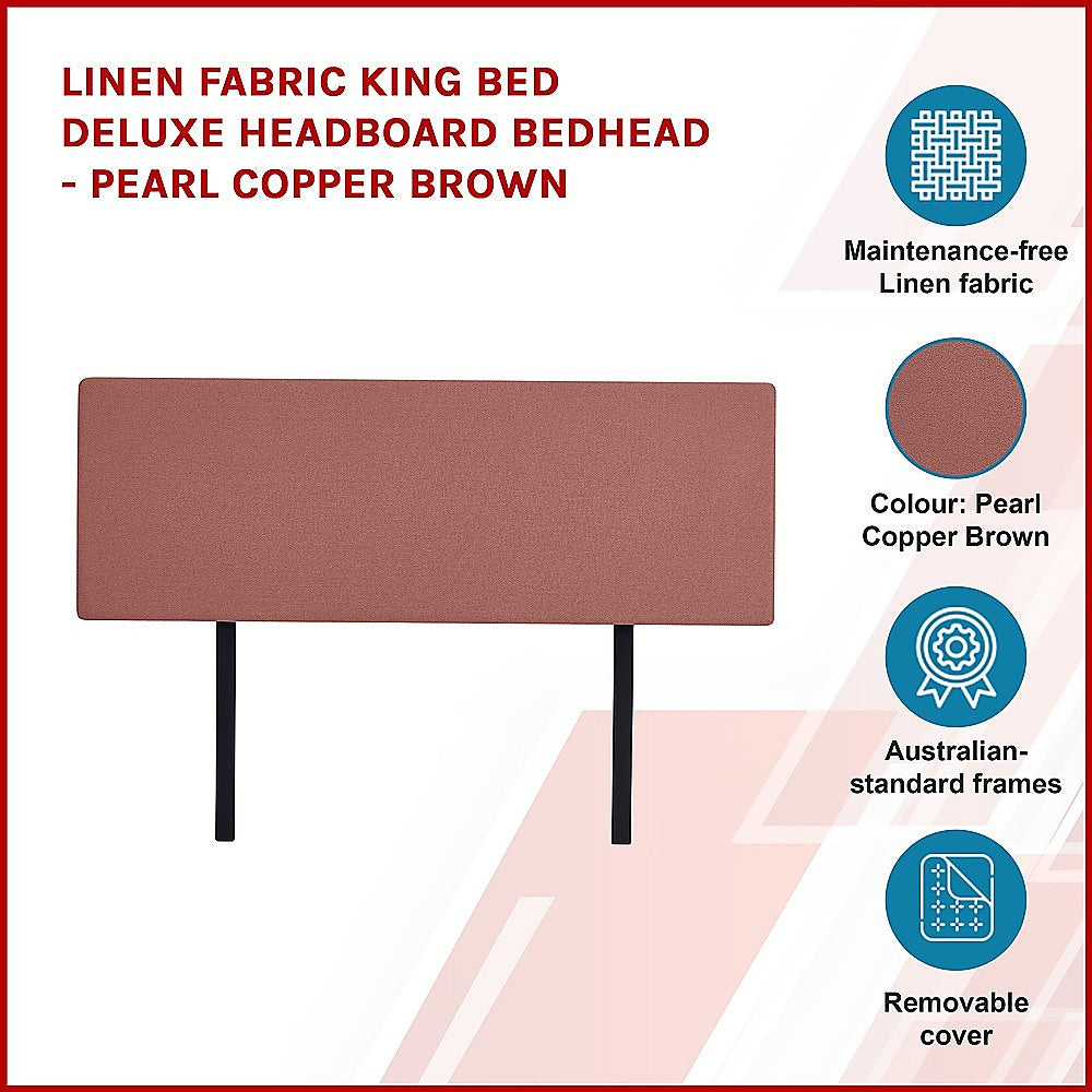 Linen Fabric King Bed Deluxe Headboard Bedhead - Pearl Copper Brown 4