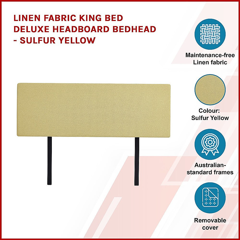 Linen Fabric King Bed Deluxe Headboard Bedhead - Sulfur Yellow 4