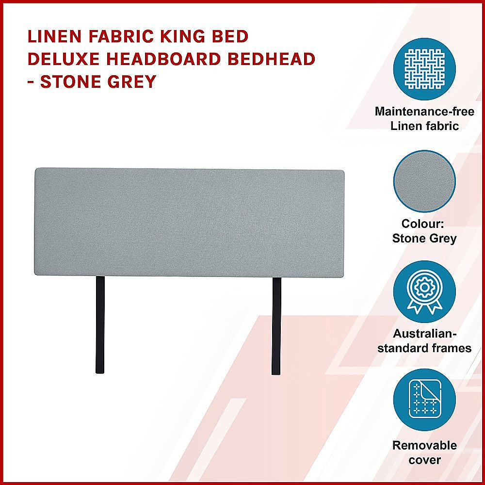 Linen Fabric King Bed Deluxe Headboard Bedhead - Stone Grey 4