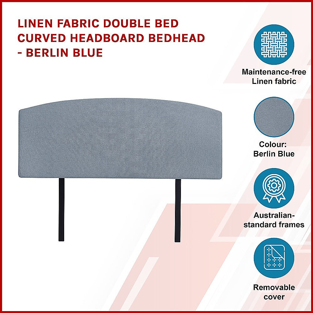 Linen Fabric Double Bed Curved Headboard Bedhead - Berlin Blue 4
