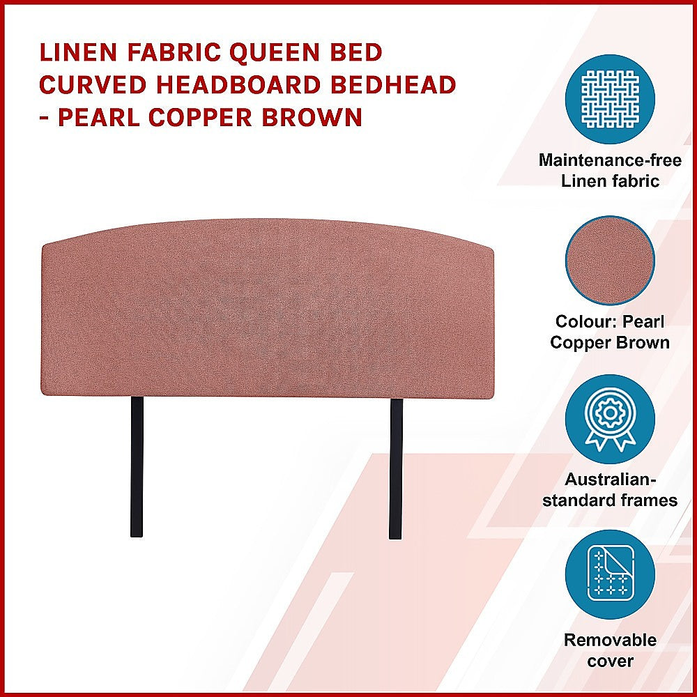 Linen Fabric Queen Bed Curved Headboard Bedhead - Pearl Copper Brown 4