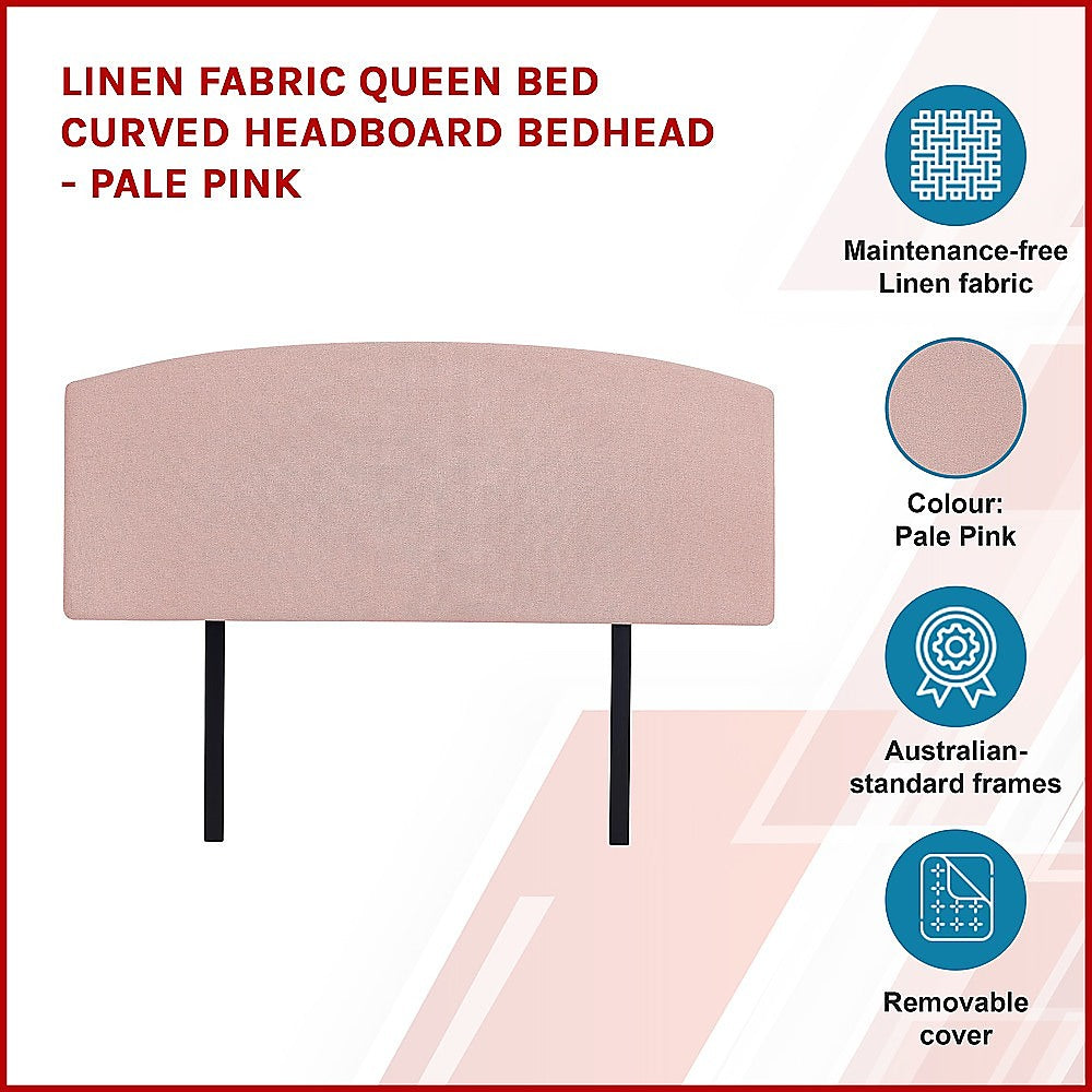 Linen Fabric Queen Bed Curved Headboard Bedhead - Pale Pink 4