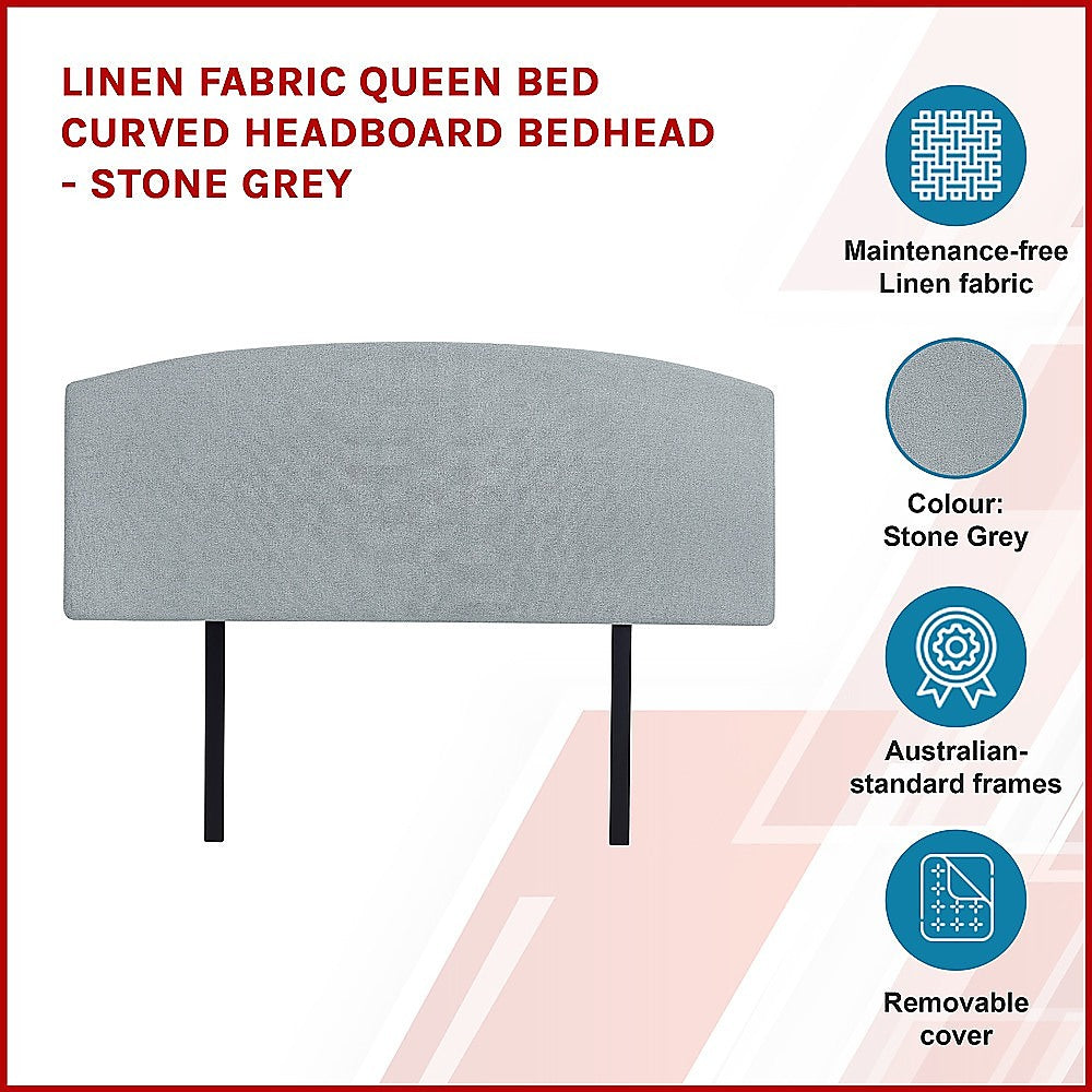 Linen Fabric Queen Bed Curved Headboard Bedhead - Stone Grey 4