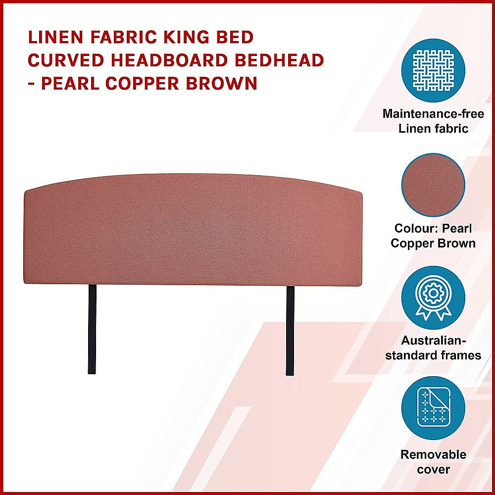 Linen Fabric King Bed Curved Headboard Bedhead - Pearl Copper Brown 4