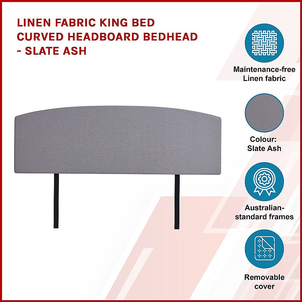 Linen Fabric King Bed Curved Headboard Bedhead - Slate Ash 3