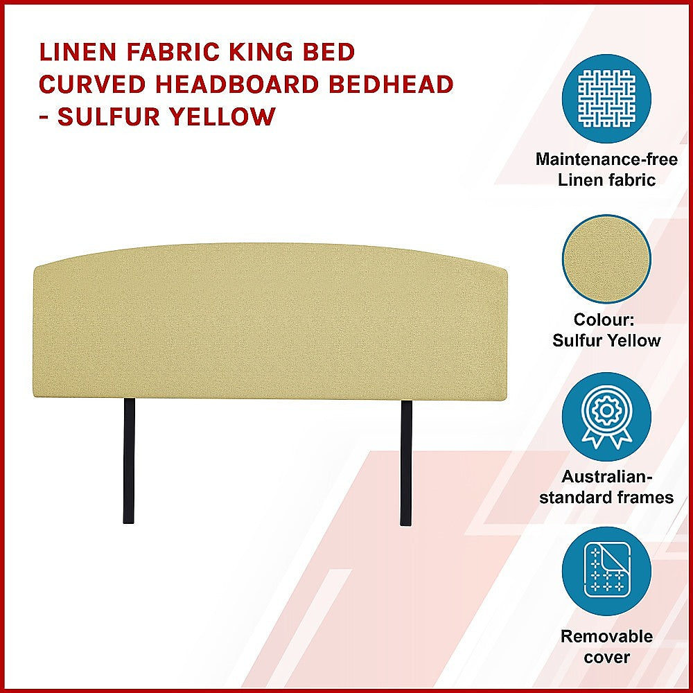 Linen Fabric King Bed Curved Headboard Bedhead - Sulfur Yellow 4