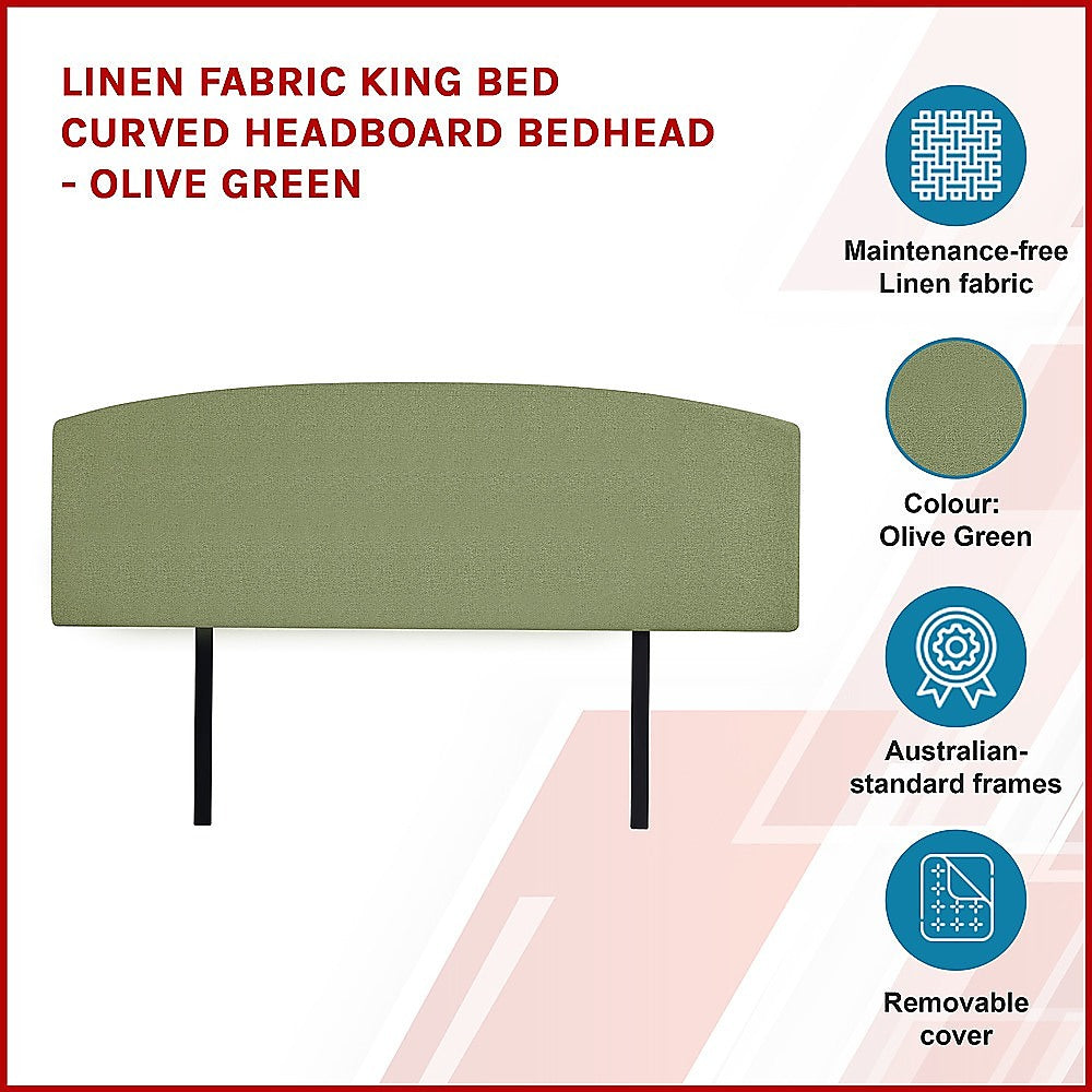 Linen Fabric King Bed Curved Headboard Bedhead - Olive Green 4