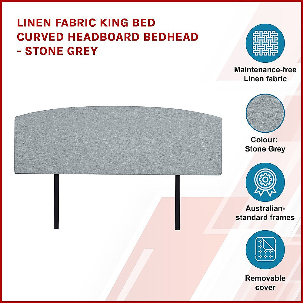 Linen Fabric King Bed Curved Headboard Bedhead - Stone Grey 4