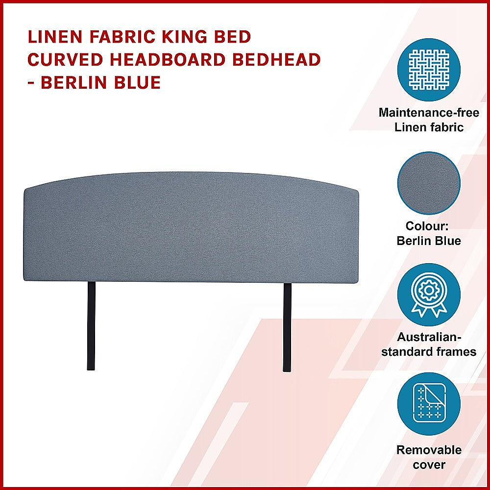 Linen Fabric King Bed Curved Headboard Bedhead - Berlin Blue 4