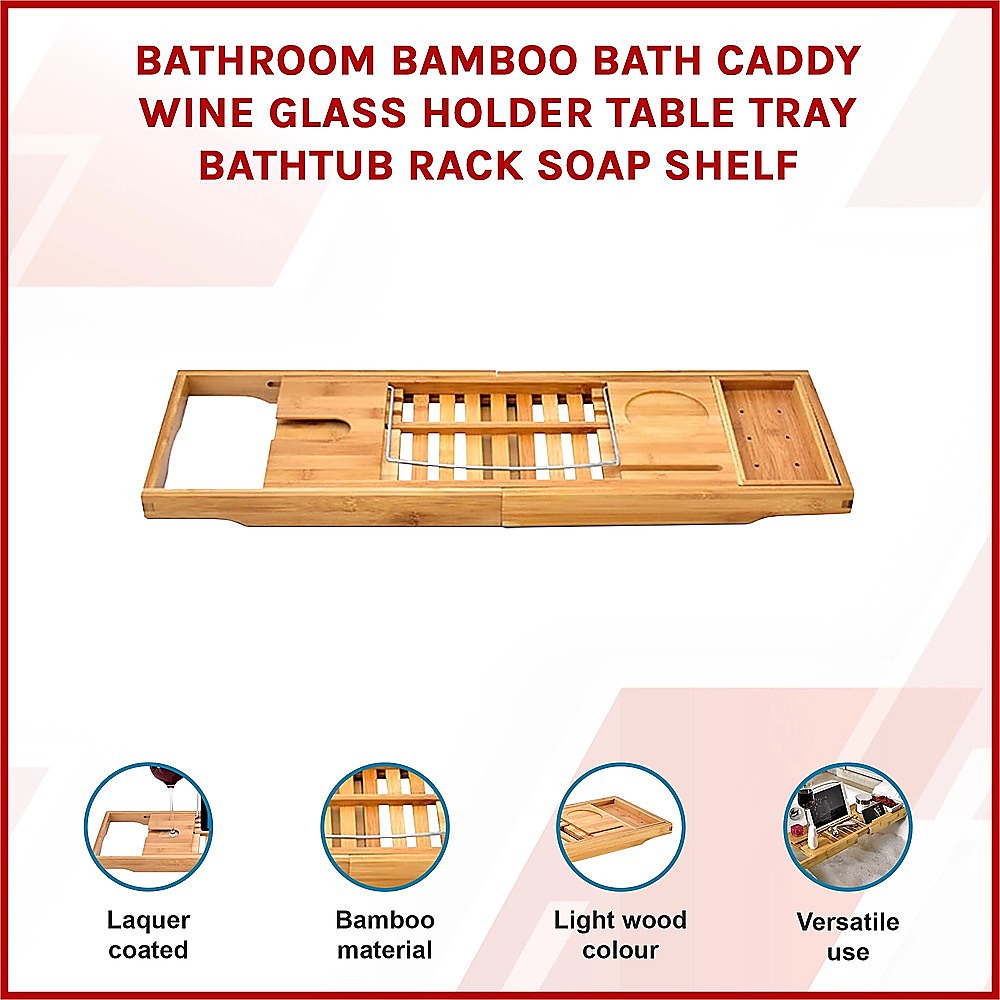 Bathroom Bamboo Bath Caddy Wine Glass Holder Table Tray Bathtub Rack Soap Shelf 3