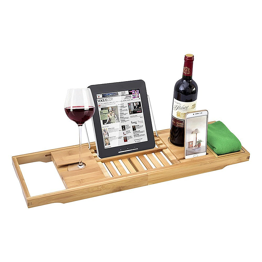 Bathroom Bamboo Bath Caddy Wine Glass Holder Table Tray Bathtub Rack Soap Shelf 4