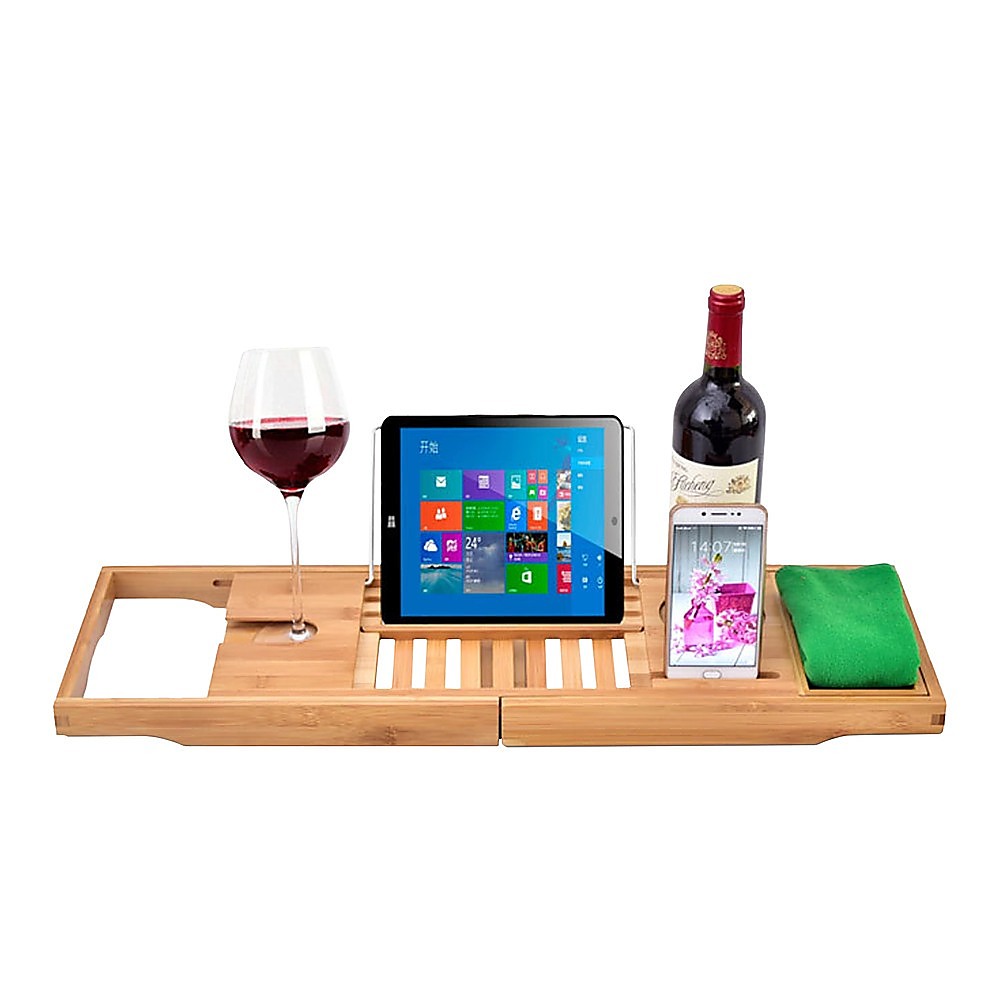 Bathroom Bamboo Bath Caddy Wine Glass Holder Table Tray Bathtub Rack Soap Shelf 6