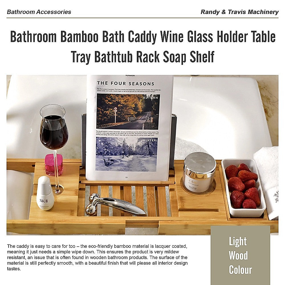 Bathroom Bamboo Bath Caddy Wine Glass Holder Table Tray Bathtub Rack Soap Shelf 10