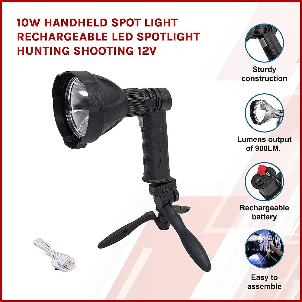 10W Handheld Spot Light Rechargeable LED Spotlight Hunting Shooting 12V 3