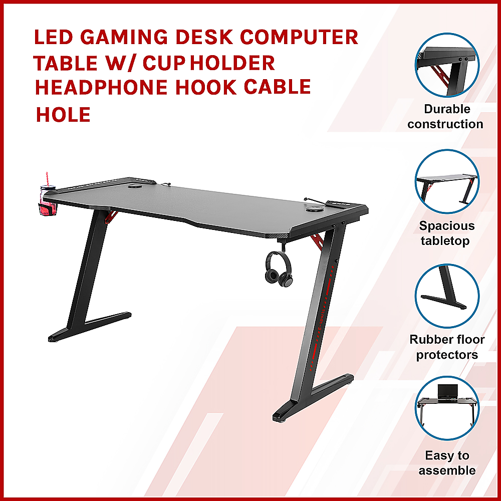 LED Gaming Desk Computer Table with Cup Holder Headphone Hook Cable Hole 3