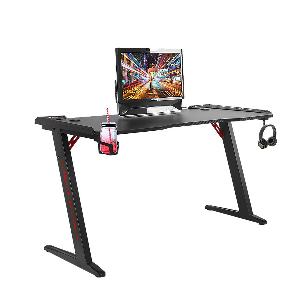 LED Gaming Desk Computer Table with Cup Holder Headphone Hook Cable Hole 4