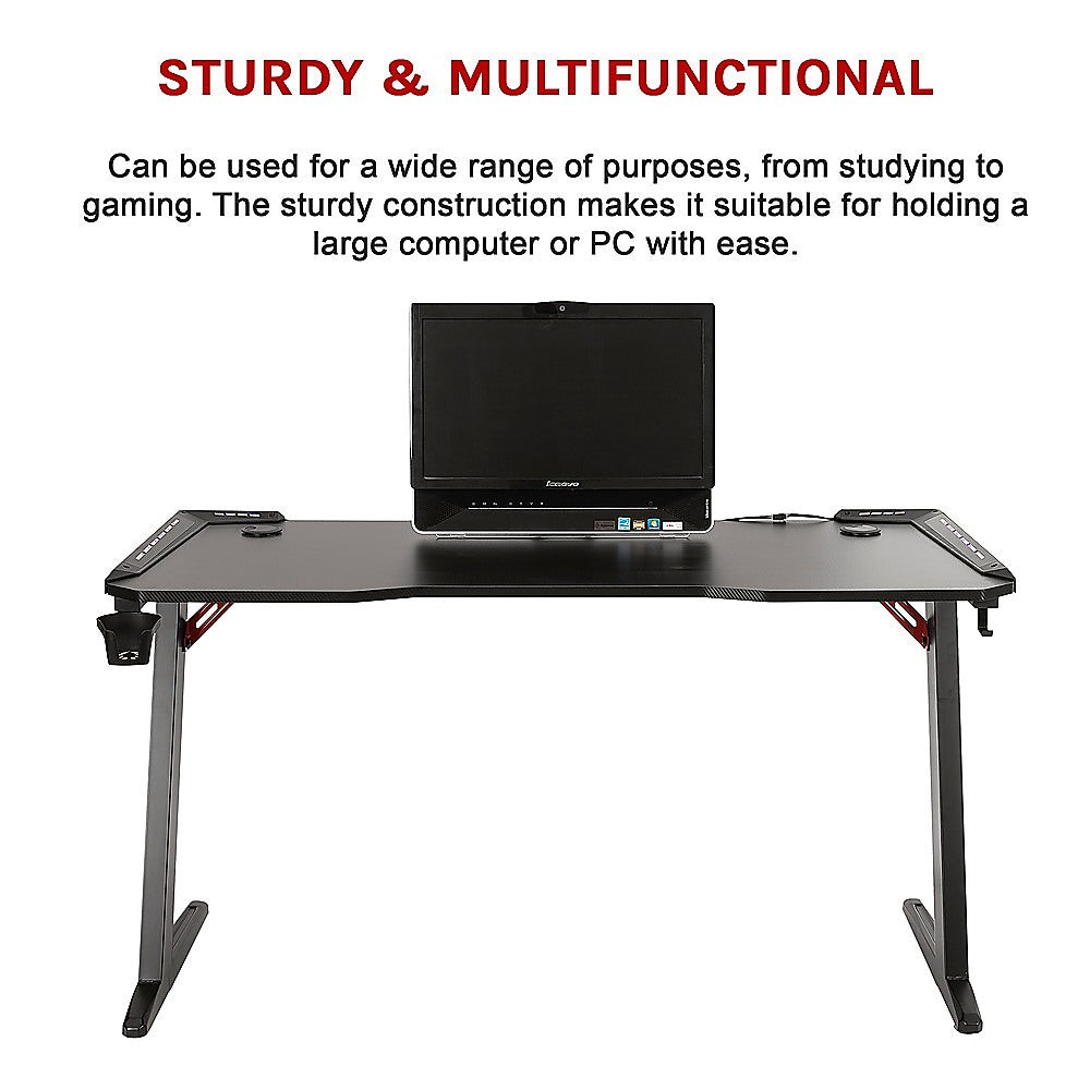 LED Gaming Desk Computer Table with Cup Holder Headphone Hook Cable Hole 5