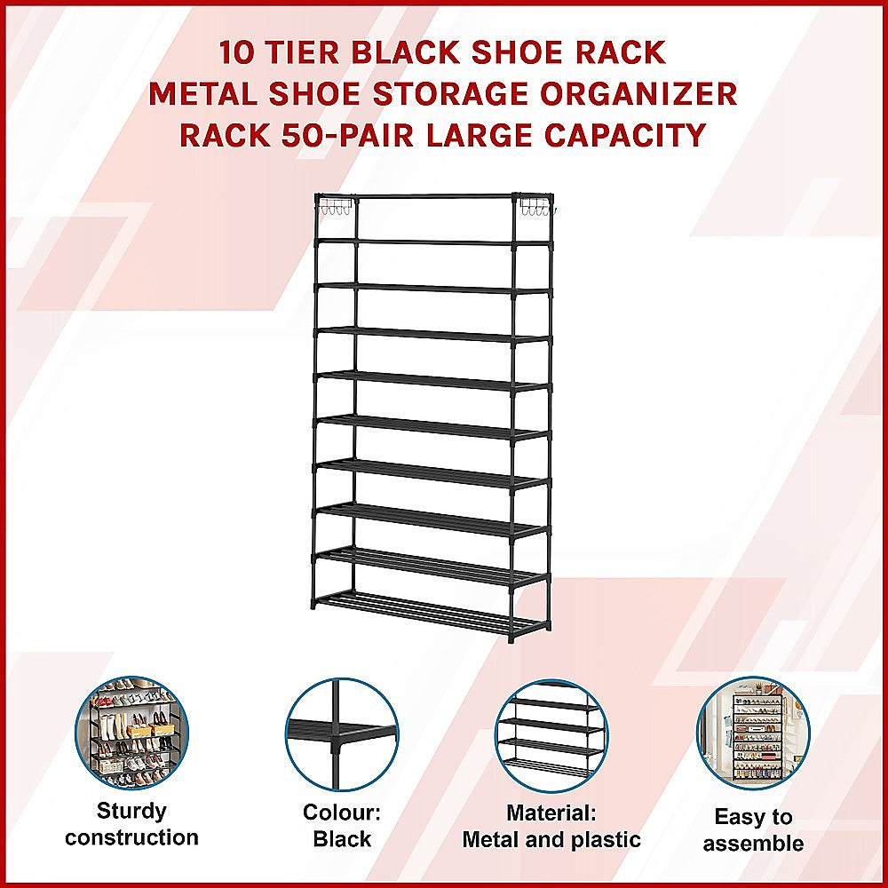 10 Tier Black Shoe Rack Metal Shoe Storage Organizer Rack 50-Pair Large Capacity 3