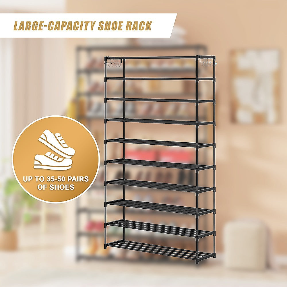 10 Tier Black Shoe Rack Metal Shoe Storage Organizer Rack 50-Pair Large Capacity 9