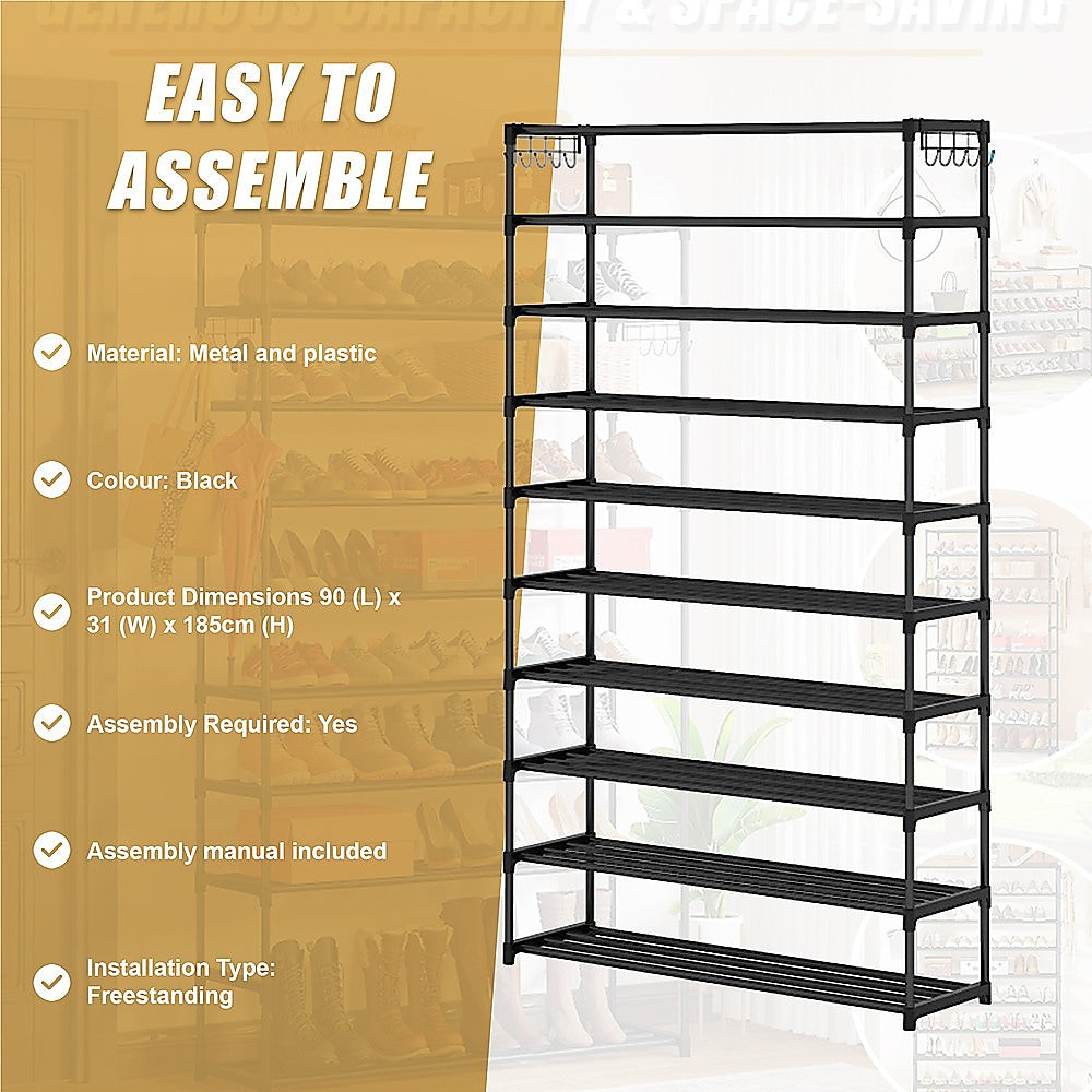 10 Tier Black Shoe Rack Metal Shoe Storage Organizer Rack 50-Pair Large Capacity 10
