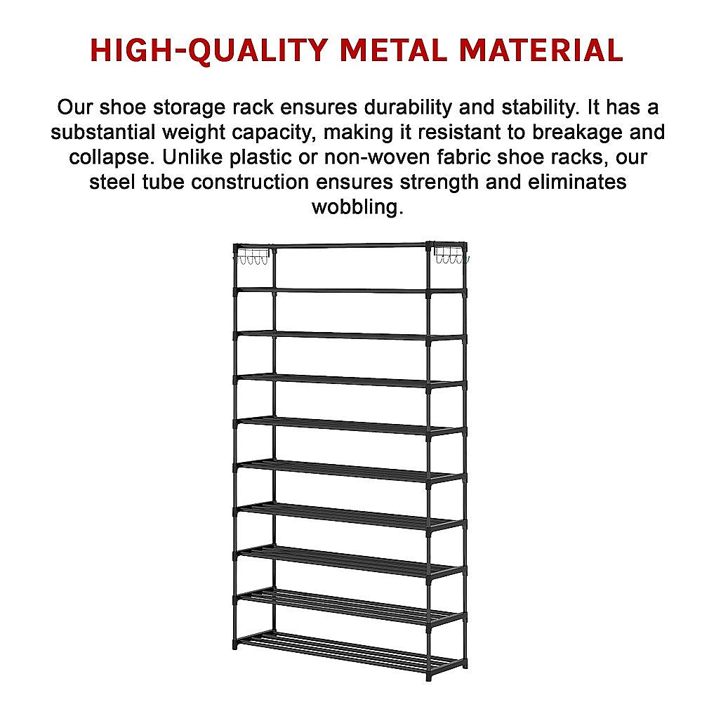 10 Tier Black Shoe Rack Metal Shoe Storage Organizer Rack 50-Pair Large Capacity 11