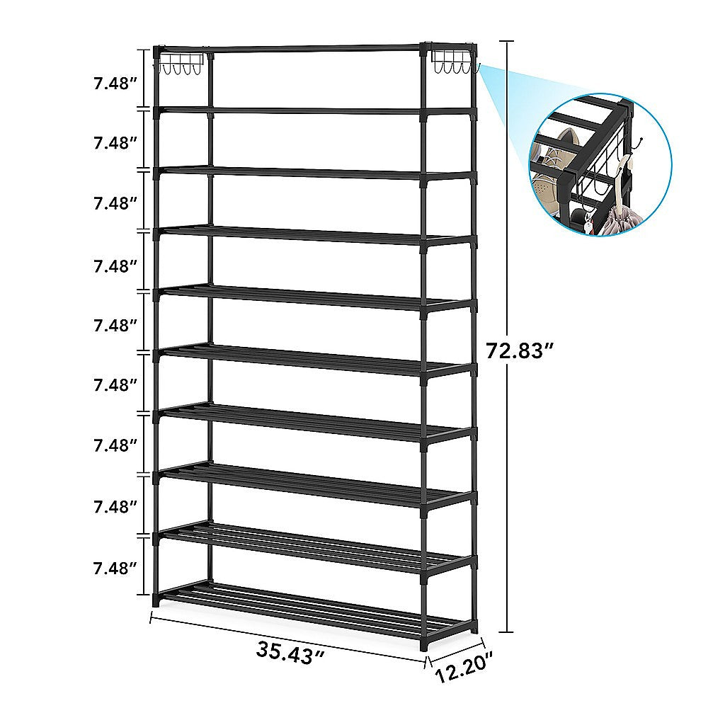 10 Tier Black Shoe Rack Metal Shoe Storage Organizer Rack 50-Pair Large Capacity 12