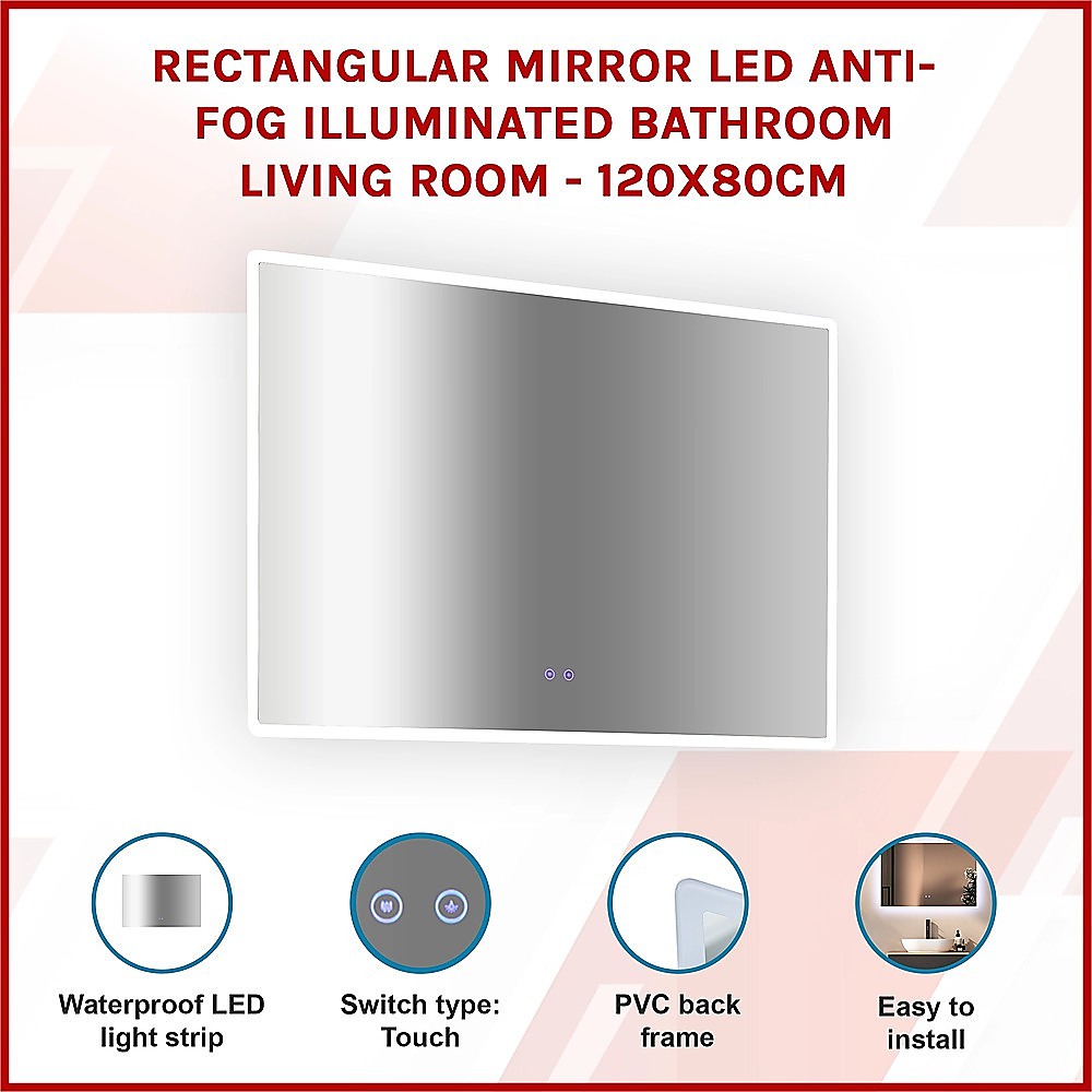 Rectangular Mirror LED Anti-Fog Illuminated Bathroom Living Room - 120x80cm 3