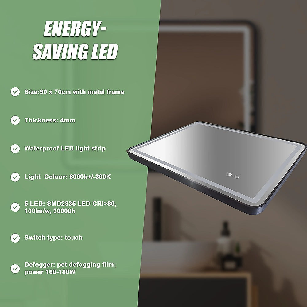 Rectangular Mirror LED Anti-Fog Illuminated Bathroom Living Room - 90x70cm 11