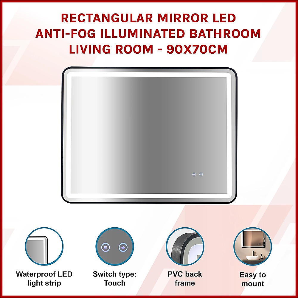 Rectangular Mirror LED Anti-Fog Illuminated Bathroom Living Room - 90x70cm 3