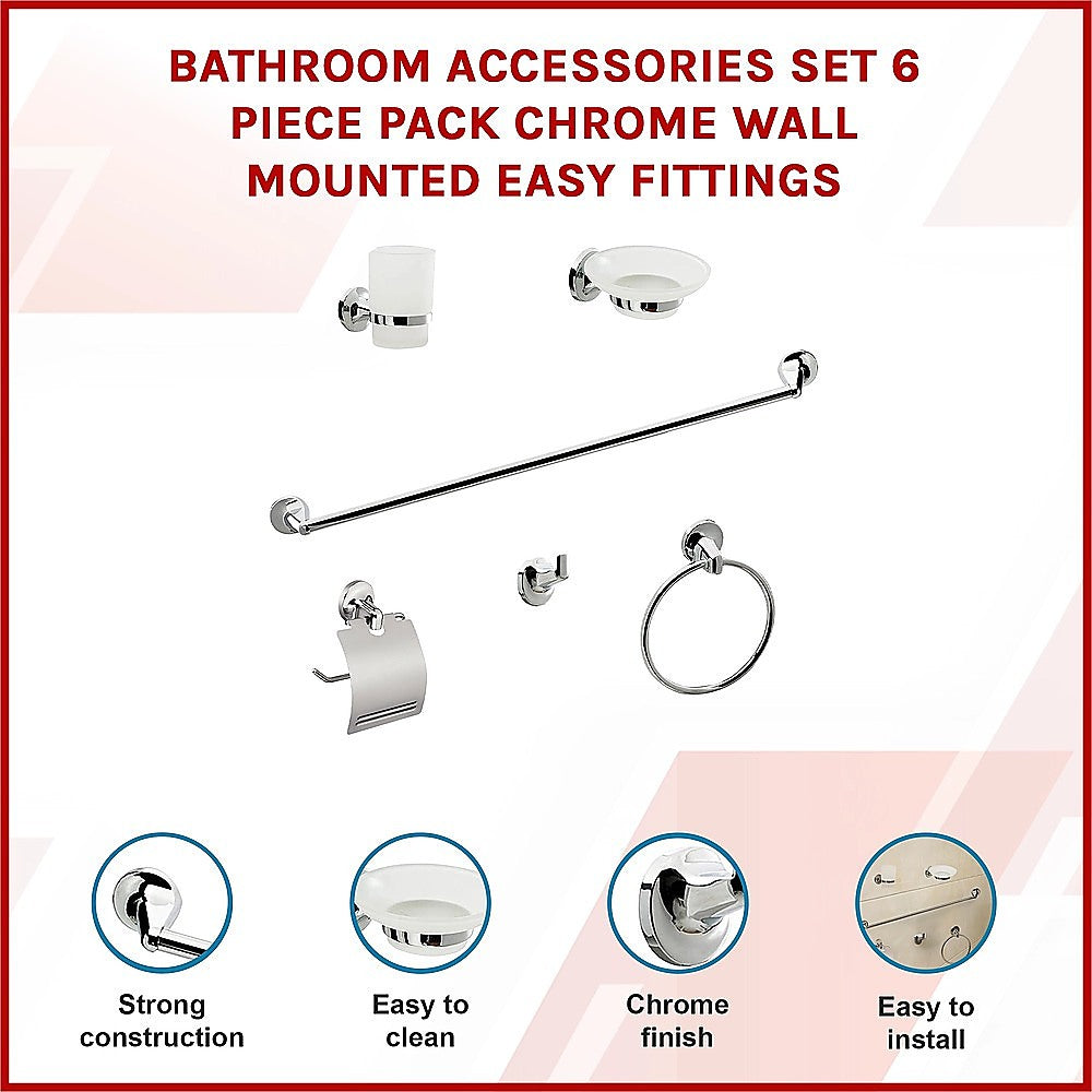 Bathroom Accessories Set 6 Piece Pack Chrome Wall Mounted Easy Fittings 3