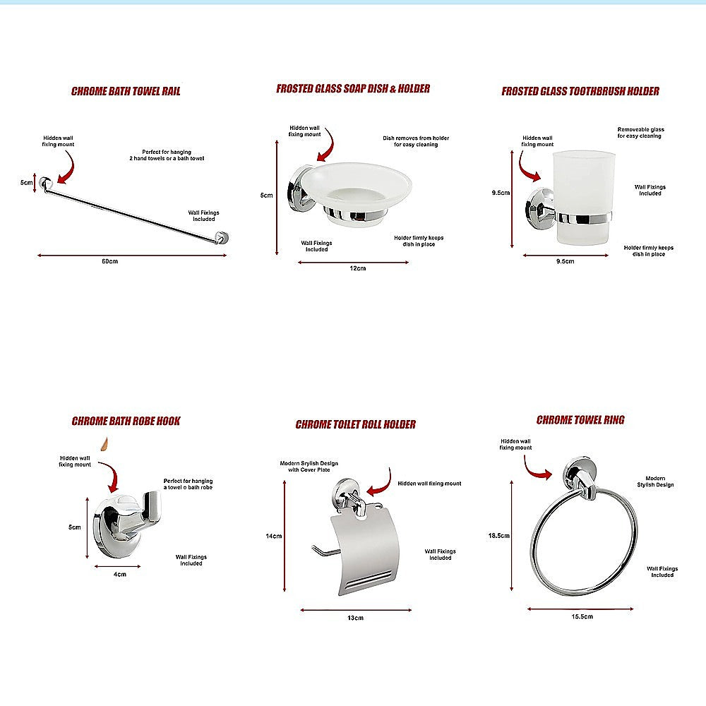 Bathroom Accessories Set 6 Piece Pack Chrome Wall Mounted Easy Fittings 12
