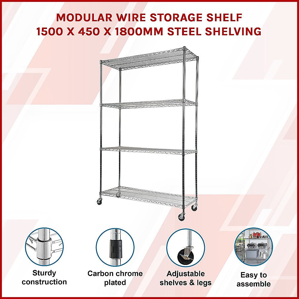 Modular Wire Storage Shelf 1500 x 450 x 1920mm Steel Shelving with Wheels 3