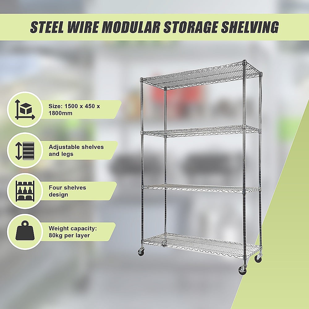 Modular Wire Storage Shelf 1500 x 450 x 1920mm Steel Shelving with Wheels 10