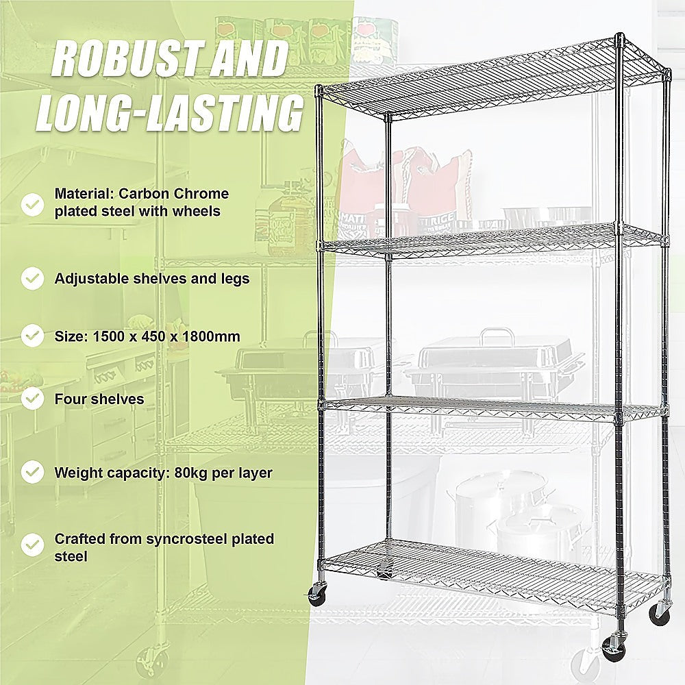 Modular Wire Storage Shelf 1500 x 450 x 1920mm Steel Shelving with Wheels 11
