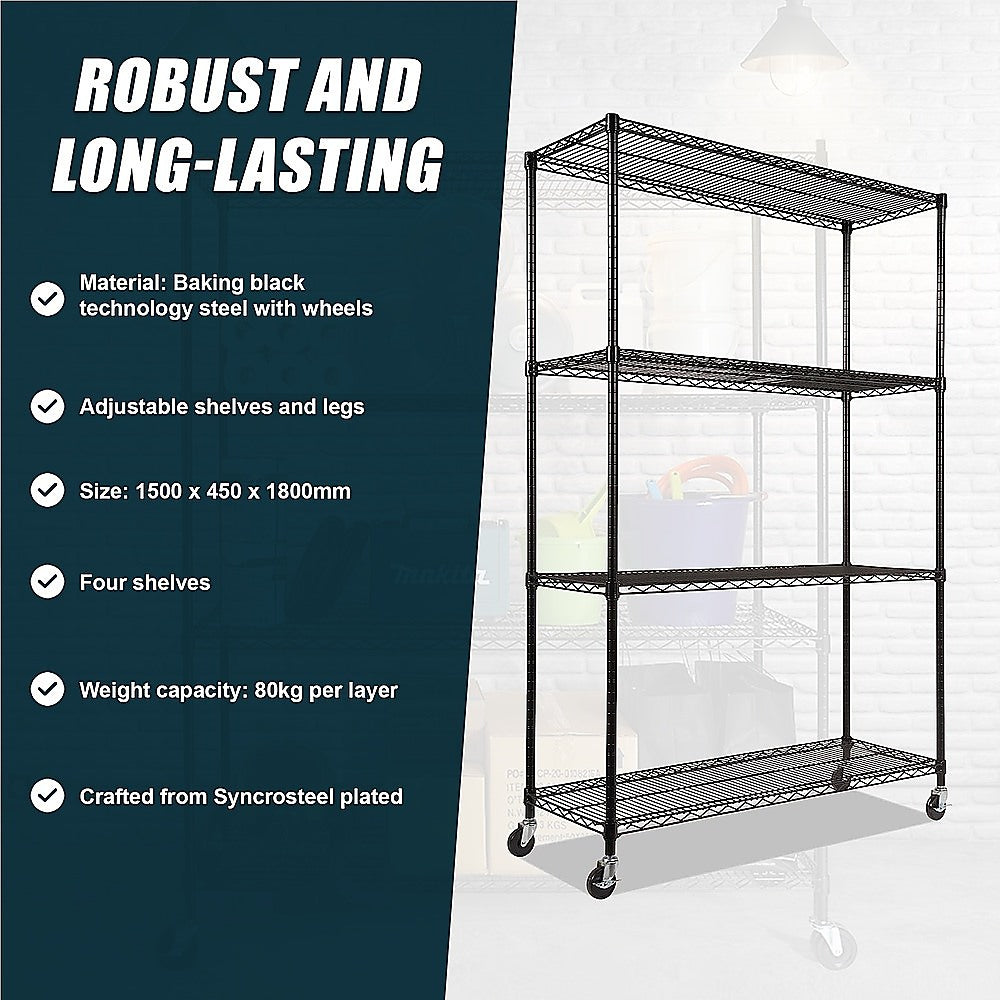 Modular Wire Storage Shelf 1500 x 450 x 1920mm Steel Shelving with Wheels 11